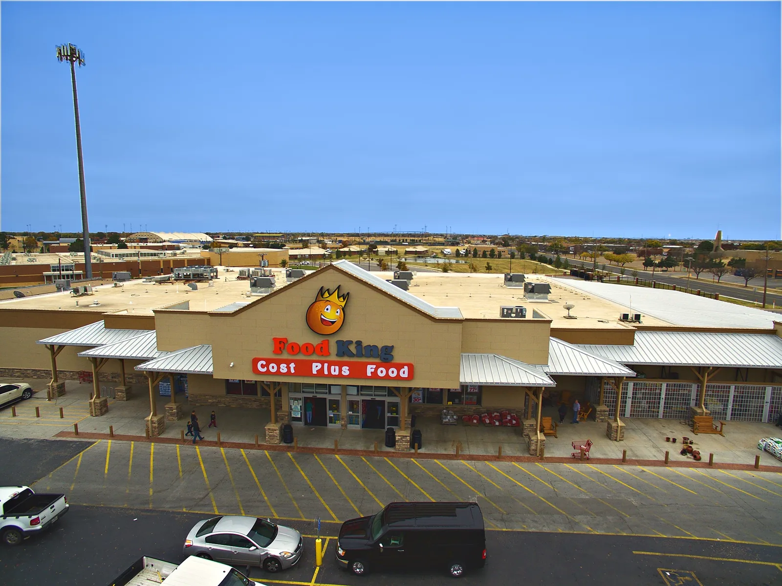 The Food King building and its parking lot on 19th Street, photographed from a drone in 2017